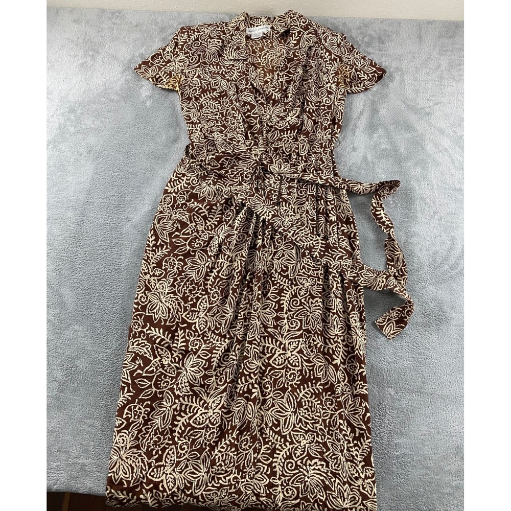 Maggy London Vintage 100% Silk Brown Floral Batik Wrap‎ Midi Dress Womens 4